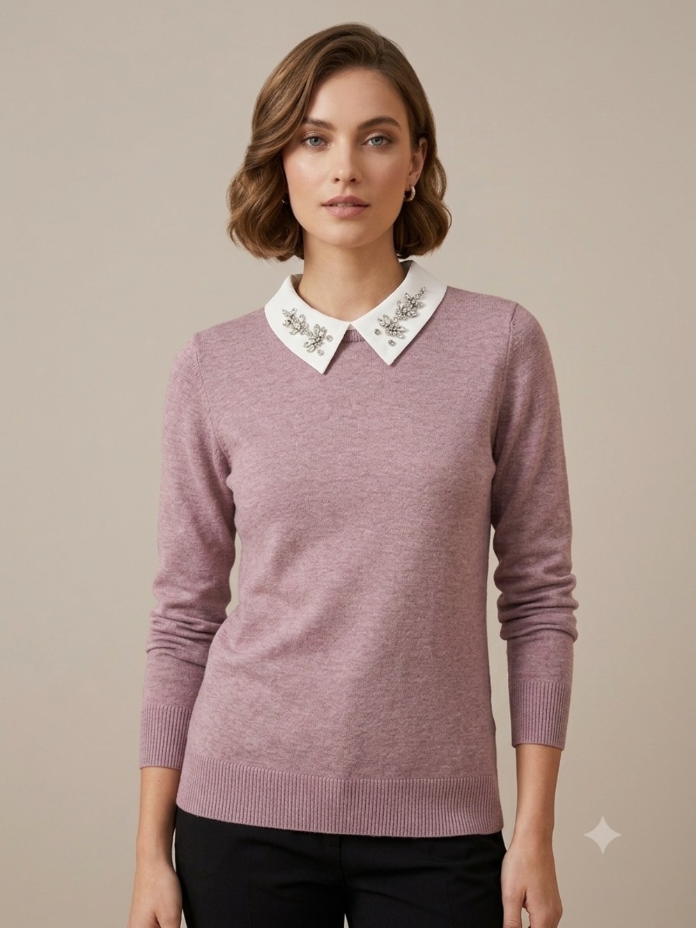Milano Dusty Mauve Embellished-Collar Crewneck Sweater
